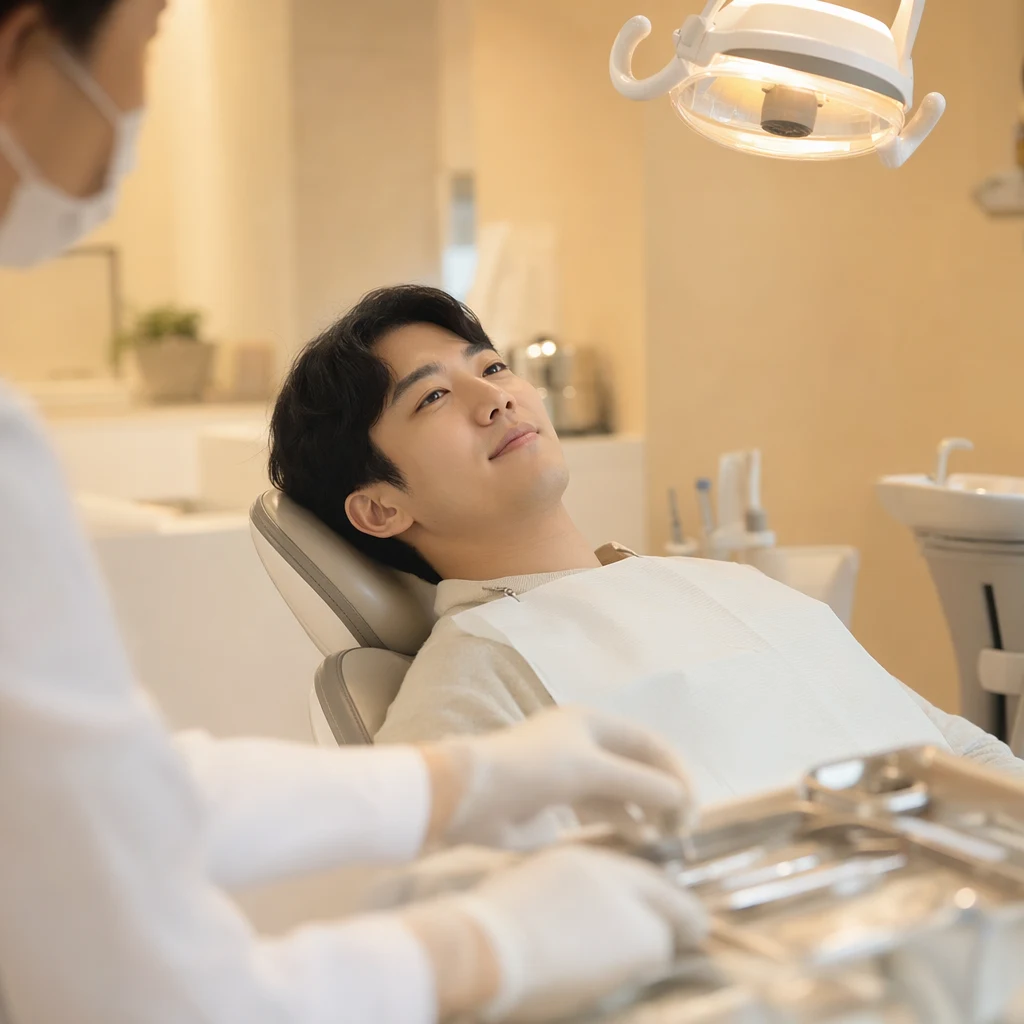 진료 의자에 편안히 누워 준비 중인 환자