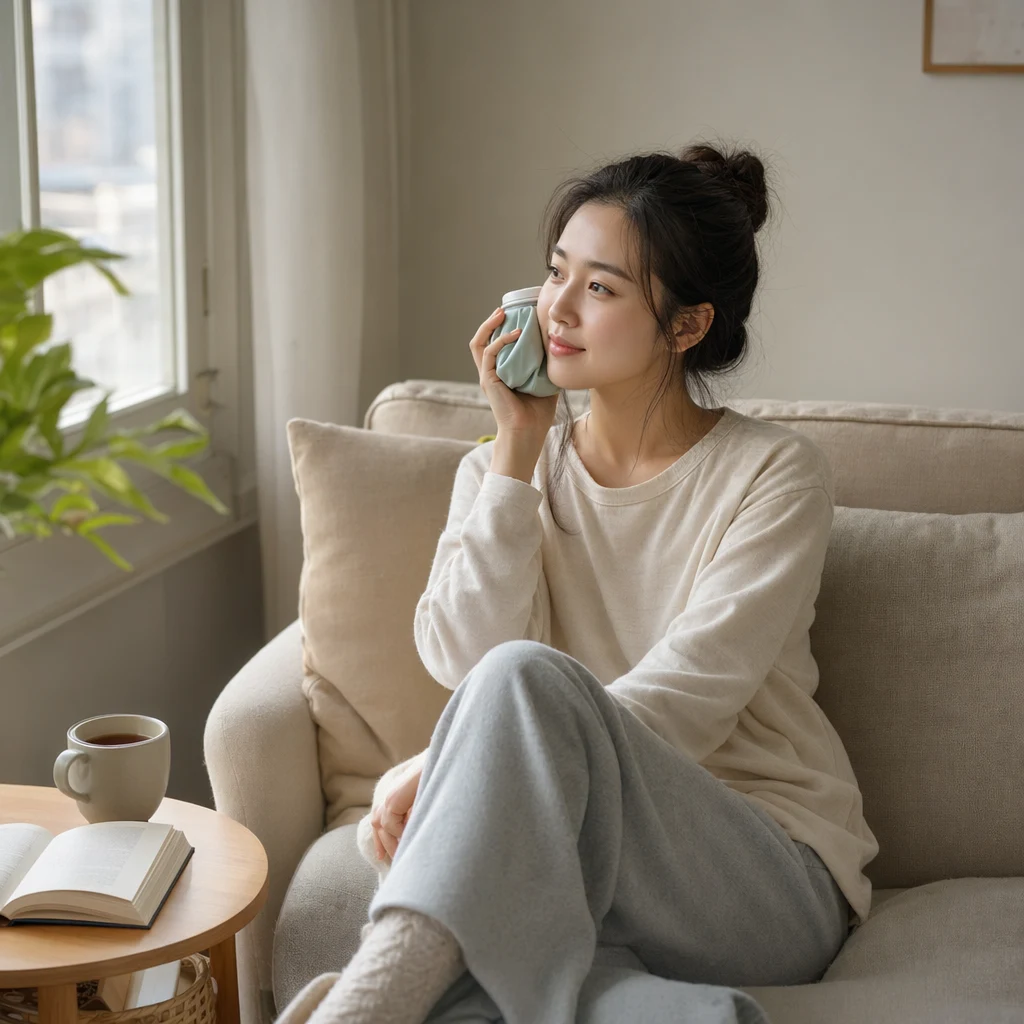 집에서 냉찜질하며 회복하는 모습