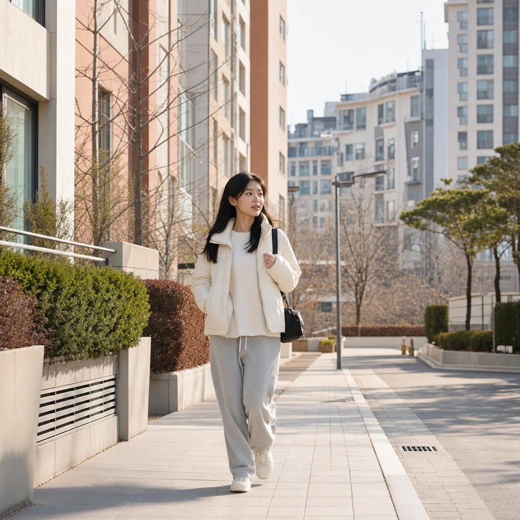 신도시 아파트 단지 주변 산책로를 걷는 20대 여성