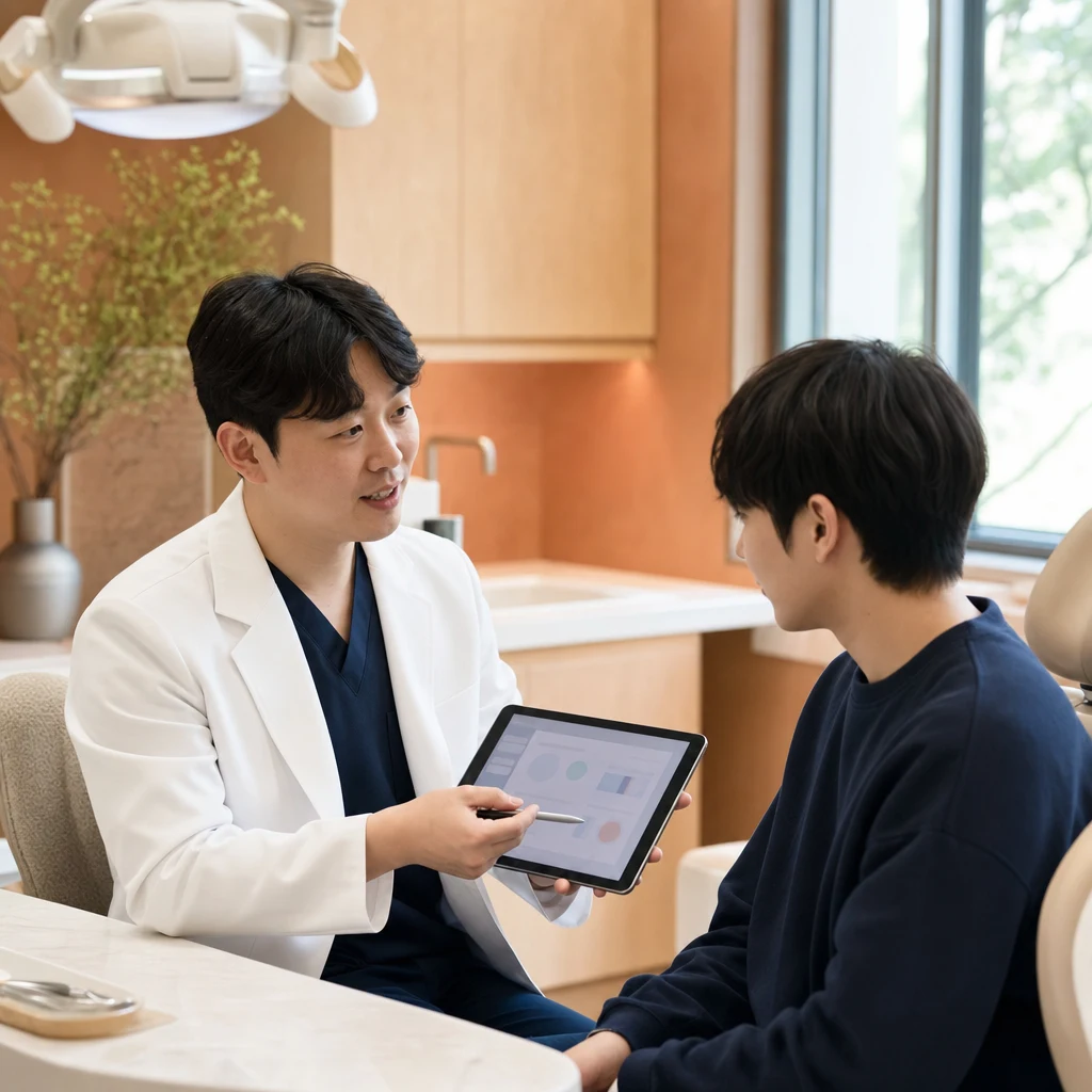 원장이 태블릿으로 교정 비용 항목을 설명하는 상담 장면