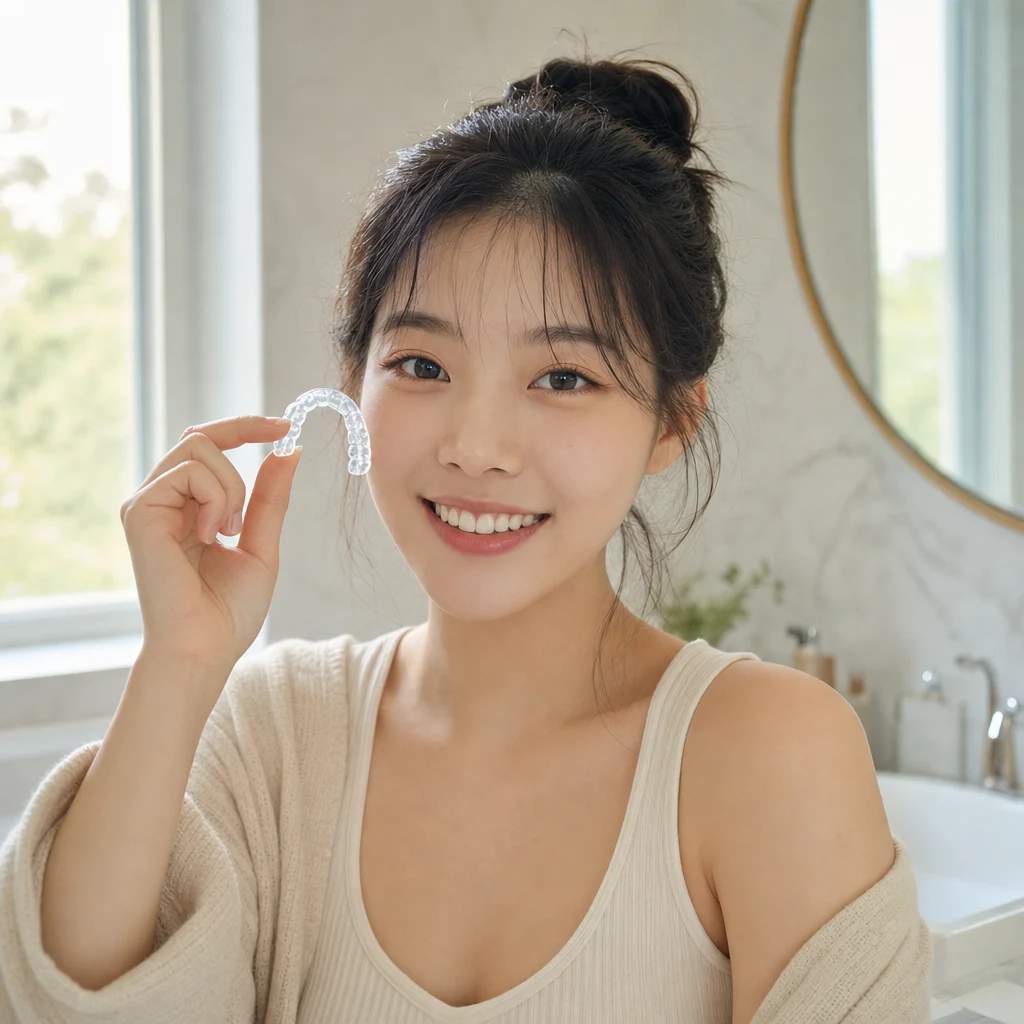 욕실에서 투명 리테이너를 들고 있는 20대 여성