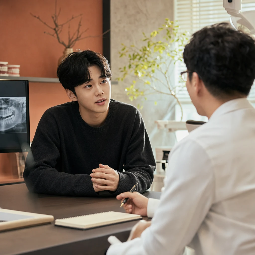 첫 교정 상담에서 의사와 이야기 나누는 20대 환자