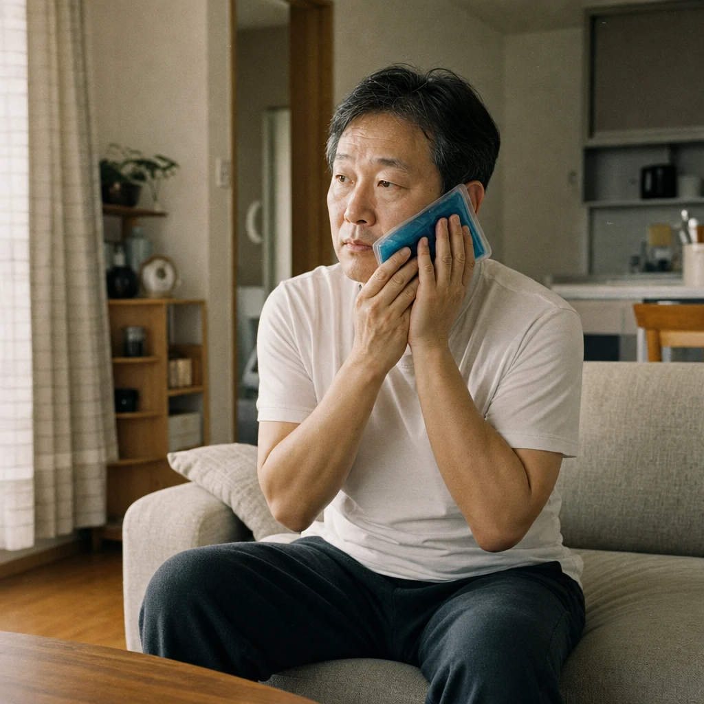 수술 후 회복 중인 50대 남성 — 아이스팩 뺨에 대고 소파에 앉아 있는 모습