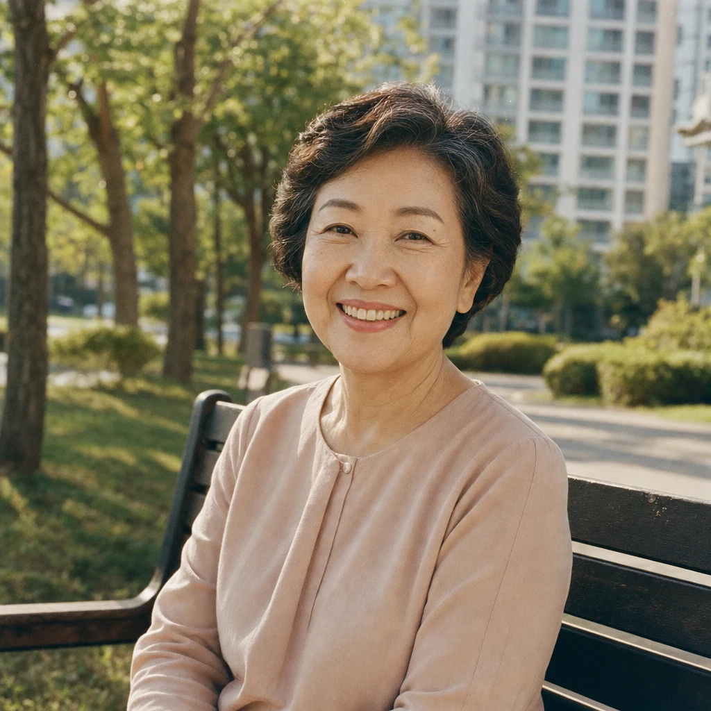 임플란트 치료 완료 후 환한 미소 — 아파트 단지 옆 공원 벤치에 앉은 60대 여성