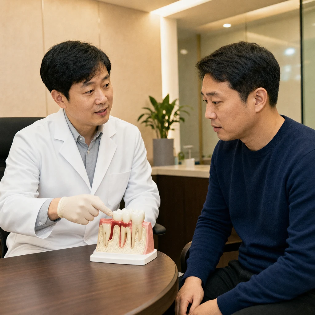 치아 단면 모델로 잇몸 상태를 설명하는 치과 상담