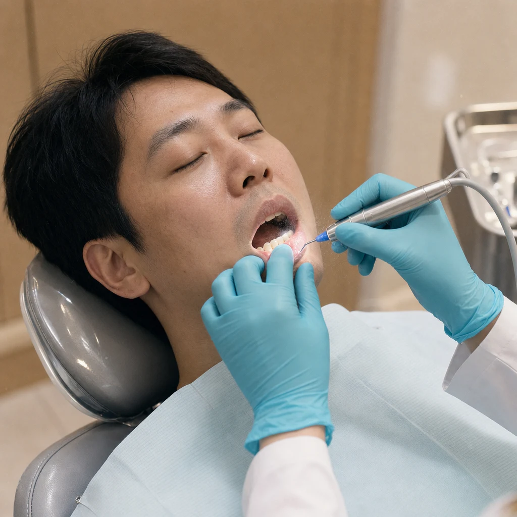 치과 의자에서 스케일링 시술을 받는 환자