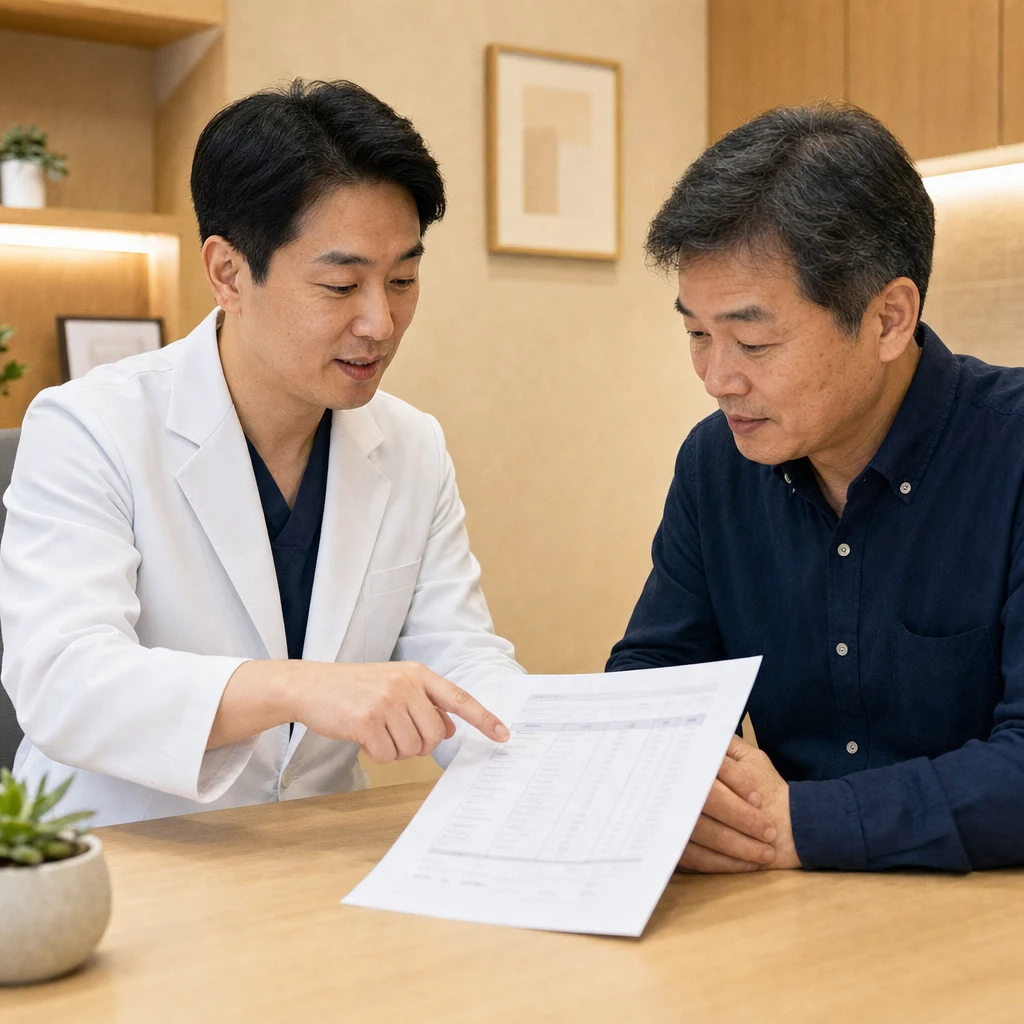 치료 계획서를 함께 검토하는 치과의사와 환자
