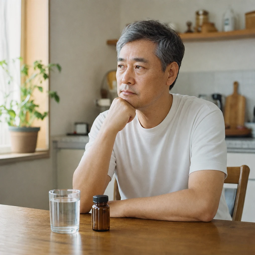 건강 관리를 생각하며 식탁에 앉은 중년 남성