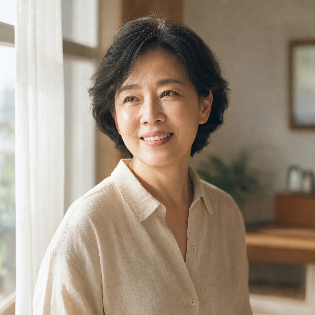 창가에서 자연스럽게 미소 짓는 건강한 중년 여성