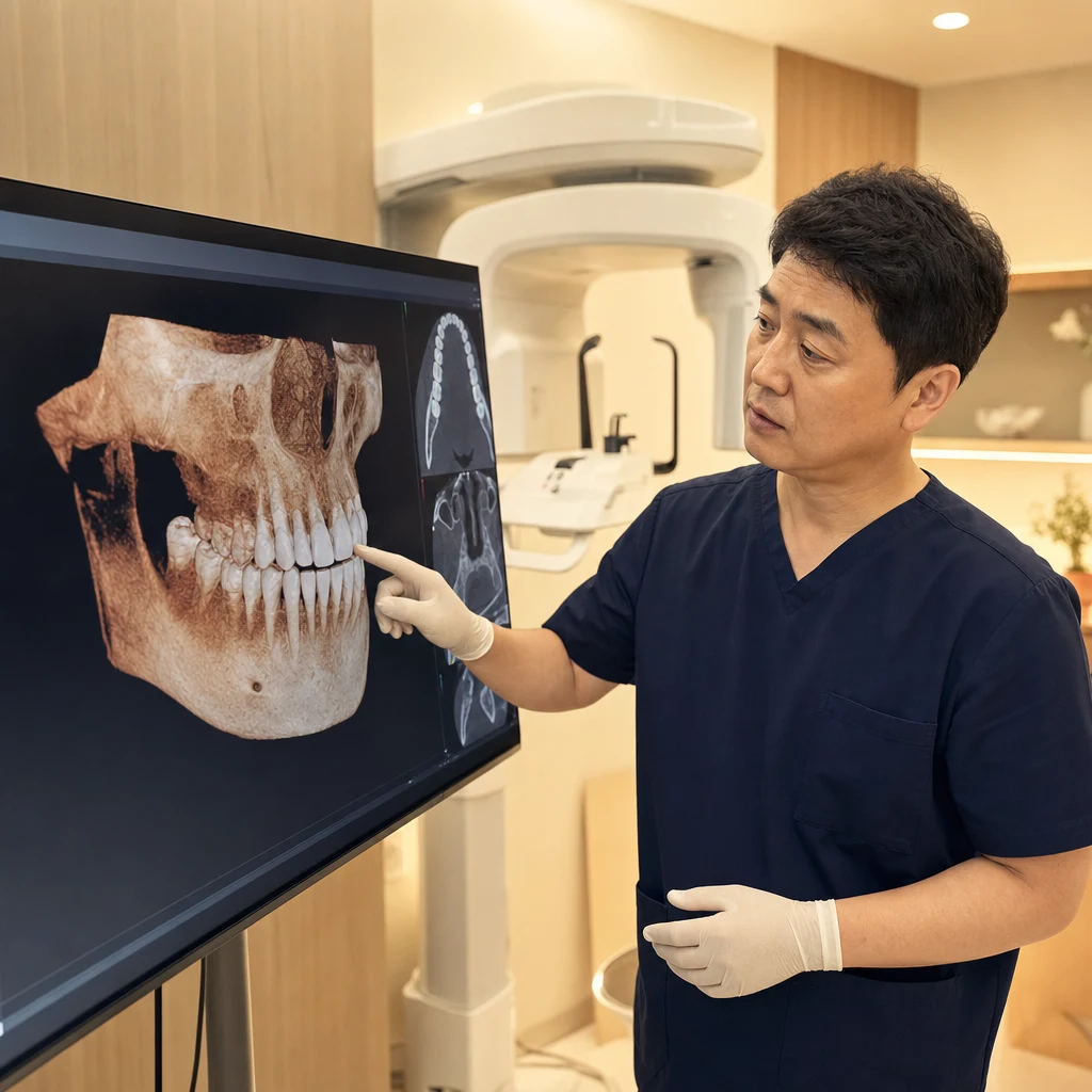 CBCT 장비 옆에서 3D 턱뼈 영상을 확인하는 치과 의료진