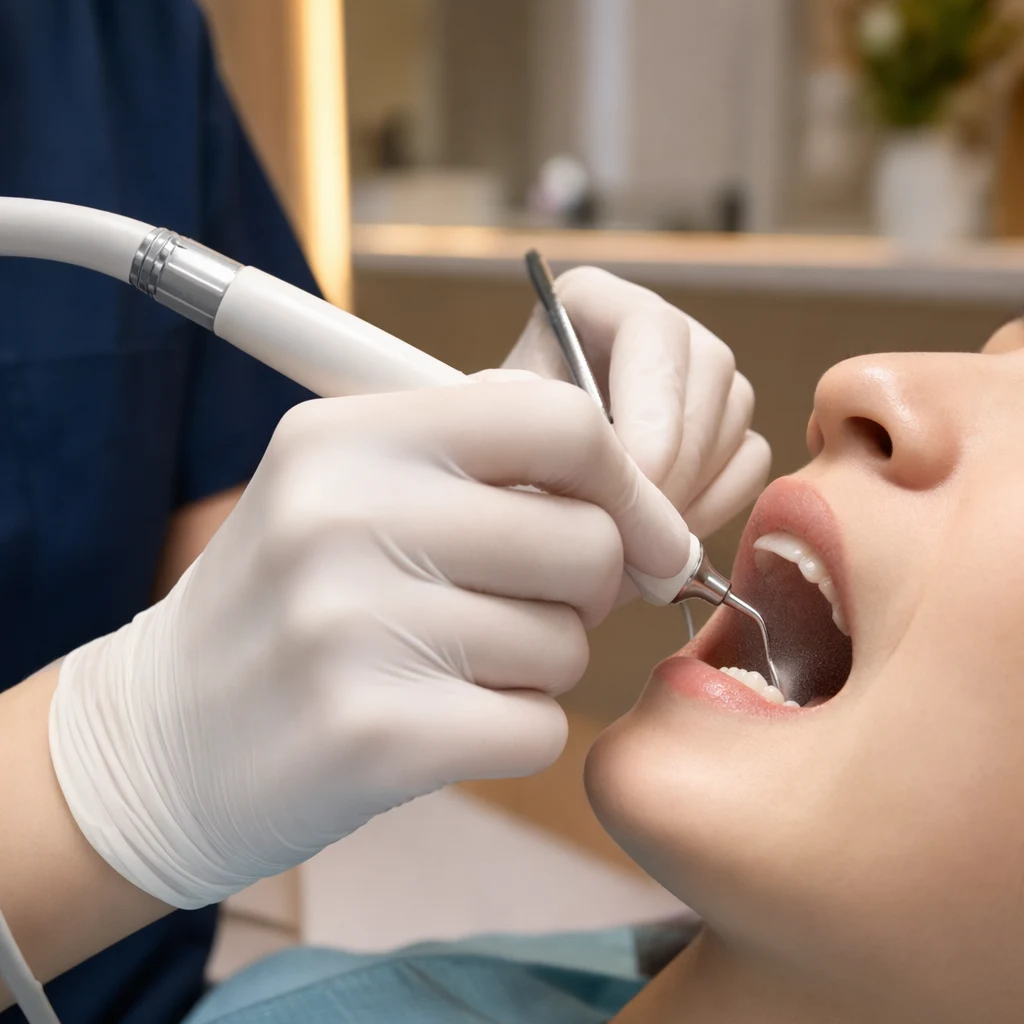 초음파 스케일러로 진행되는 스케일링 장면