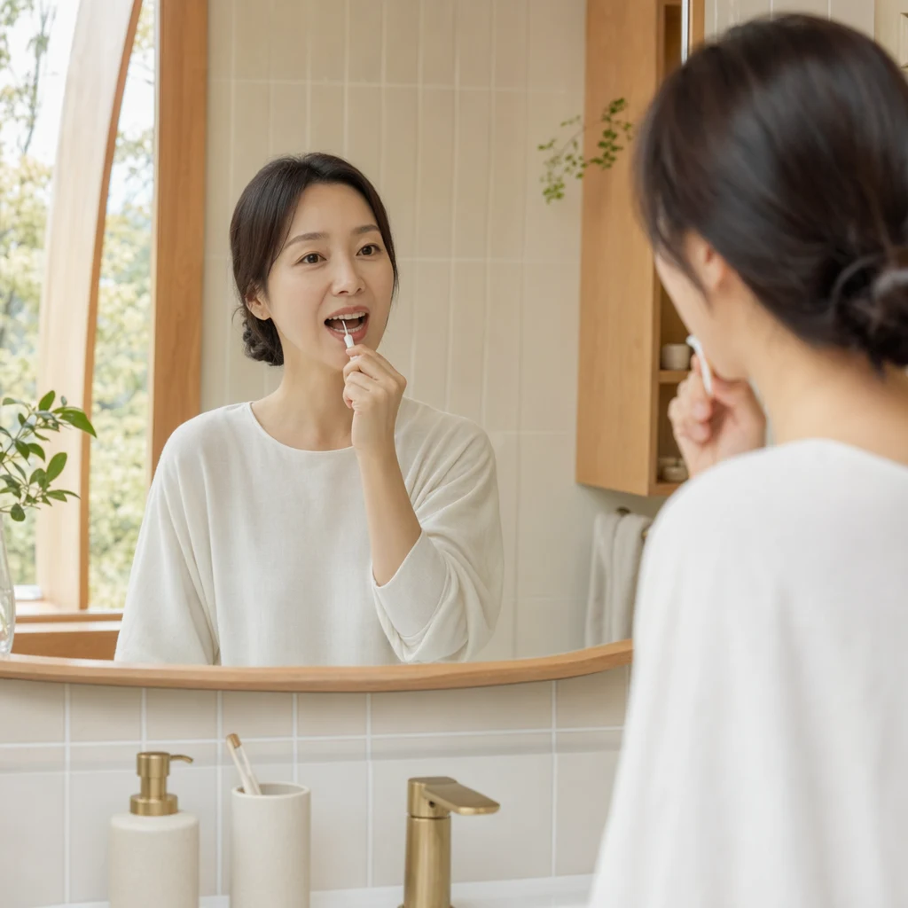 집에서 치간칫솔을 사용하는 일상 관리 모습